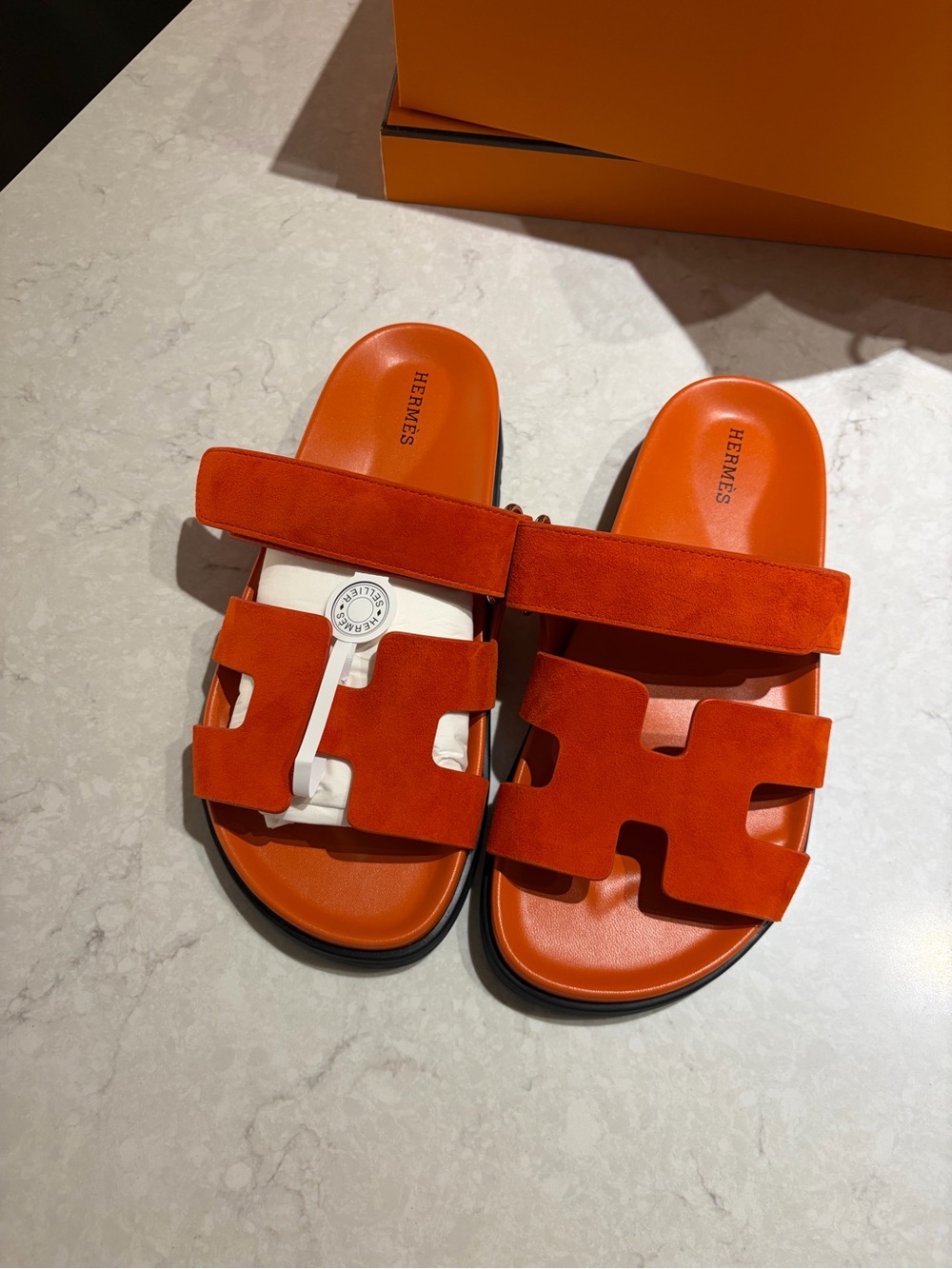 Hermes Orange Suede Oran Slide Sandals